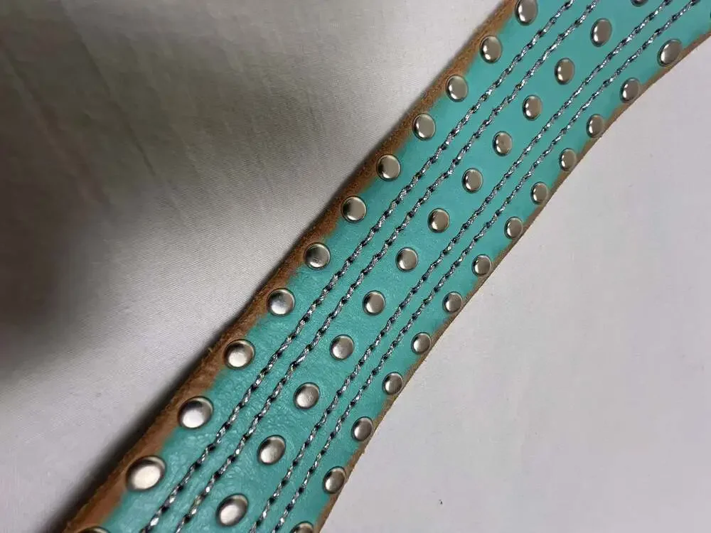 Linea Pelle Genuine Leather Belt in Aqua with Silver Studs + Brass Buckle